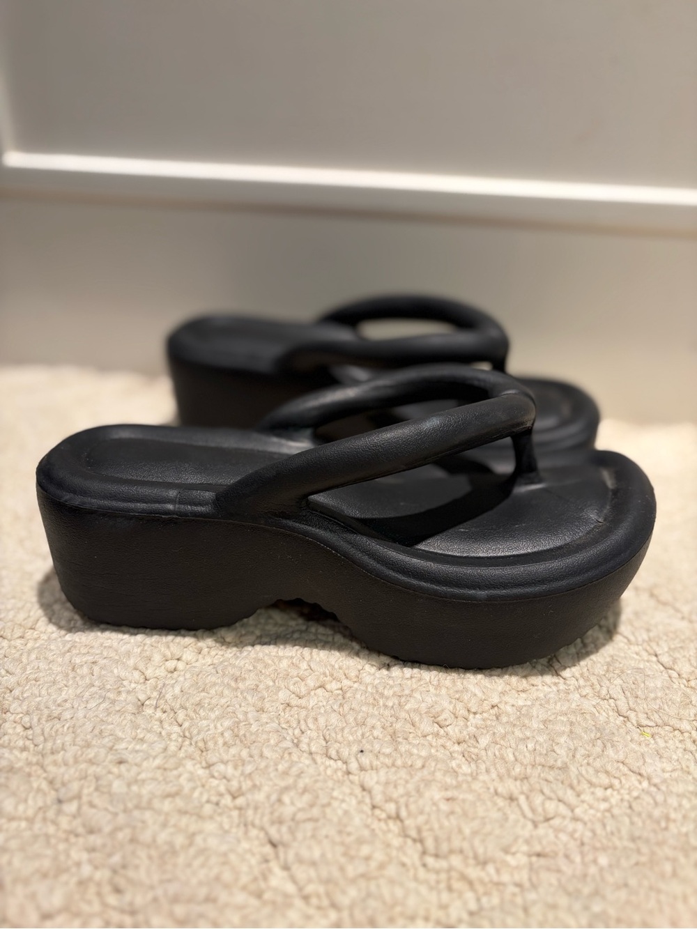 Black Platform Wedge Flip Flop Sandals Chunky Thong Size 6